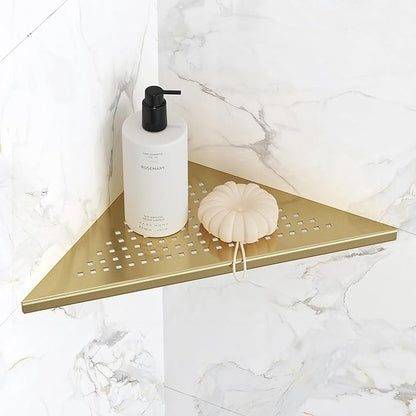 Qeke Bathroom Corner Shelf, Recessed 10" Shower Shelf Caddy, SUS304 Stainless Steel Shelf Wall Mount Triangular, No Drilling, Brushed Golden