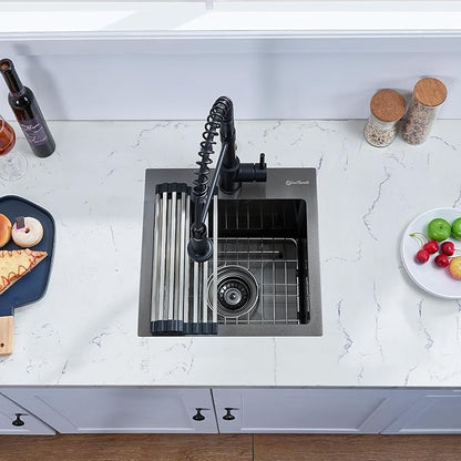 Drop In Kitchen Sink, 15 x 15 Inch Single Bowl Topmount Bar Prep Sink 16 Gauge T-304 Stainless Steel Gunmetal Black Kitchen Sinks