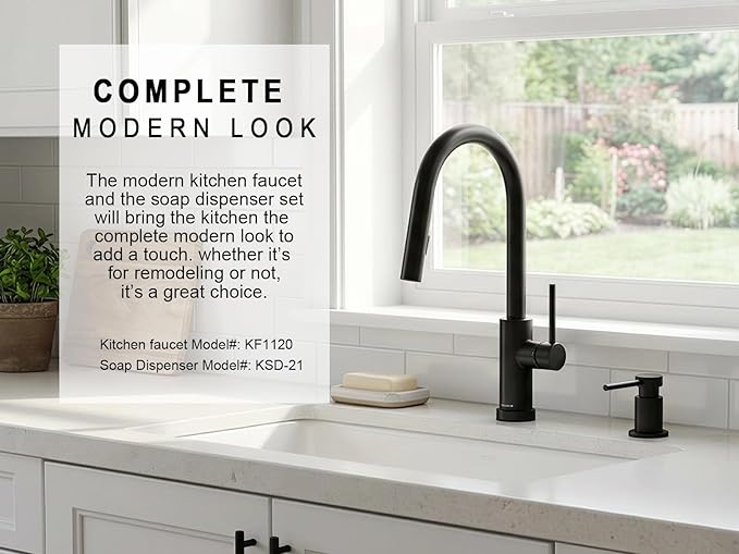 Lava Odoro Matte Black Kitchen Faucet with Pull Down Sprayer, Modern Kitchen Sink Faucet Single Hole Black Faucet for Kitchen Sink with 2-Function Spray Head, Deck Plate Included, KF1120-MB