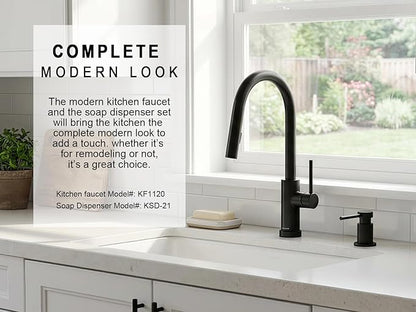 Lava Odoro Matte Black Kitchen Faucet with Pull Down Sprayer, Modern Kitchen Sink Faucet Single Hole Black Faucet for Kitchen Sink with 2-Function Spray Head, Deck Plate Included, KF1120-MB