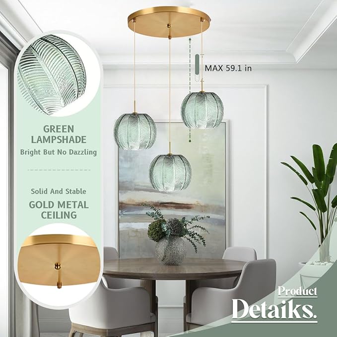 Cluster Chandelier Lights,Gold Green Chandeliers Glass Globe Hanging Pendant Light Fixture Classic Green Shade Adjustable Height Mid Century Modern Sputnik Chandelier Dining Room
