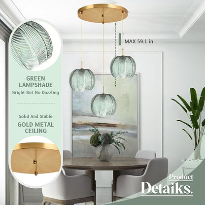 Cluster Chandelier Lights,Gold Green Chandeliers Glass Globe Hanging Pendant Light Fixture Classic Green Shade Adjustable Height Mid Century Modern Sputnik Chandelier Dining Room