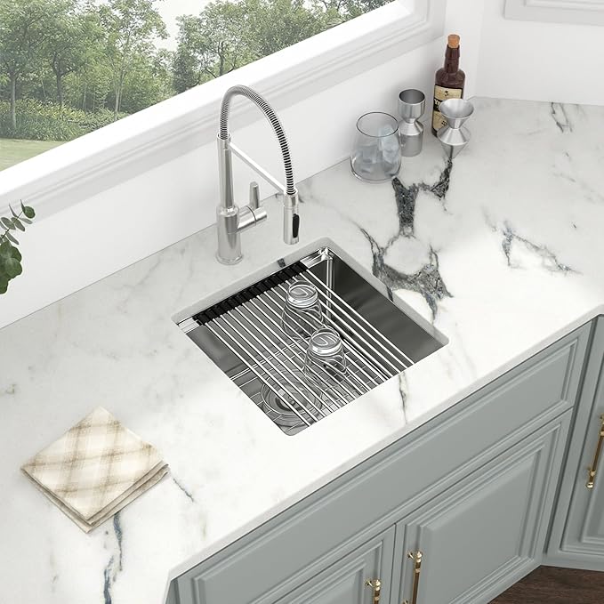 Kichae Undermount Bar Sink - 15" x 15" Bar Prep RV Kitchen Sink Stainless Steel 16 Gauge Workstation Small Wet Bar Sinks Single Bowl Handmade Basin With Cutting Borad