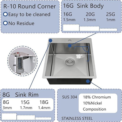 18x18 Inch Bar Sink Drop In Kitchen Sink, Topmount Stainless Steel Square Small Workstation Sinks, Single Bowl Kitchen Sinks for Laundry Wet Bar Prep RV Office Outdoor Yard