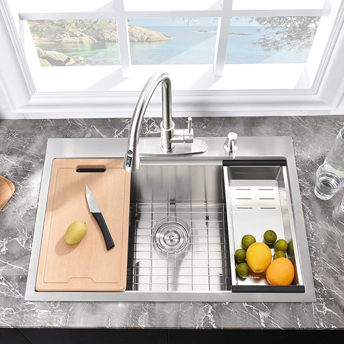 25 Inch Drop In Kitchen Sink Workstation-Hovheir 25x20 Stainless Steel Kitchen Sink Drop In Topmount Stainless Sinks 16 Gauge Deep Single Bowl Overmount Sinks with Cutting Board