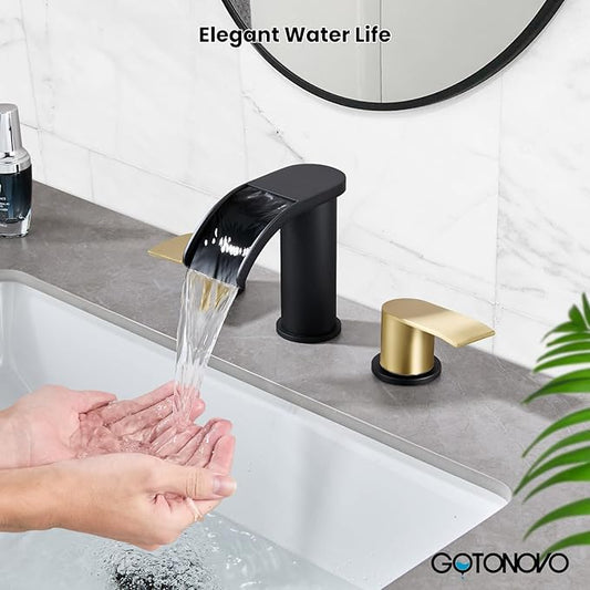 gotonovo Waterfall 8 inch Widespread Bathroom Faucet Set Bathroom Sink Faucet 3 Hole 2 Handle Vanity Lavatory Deck Mount with Pop Up Drain and Water Supply Lines Round Body Brushed Gold and Black