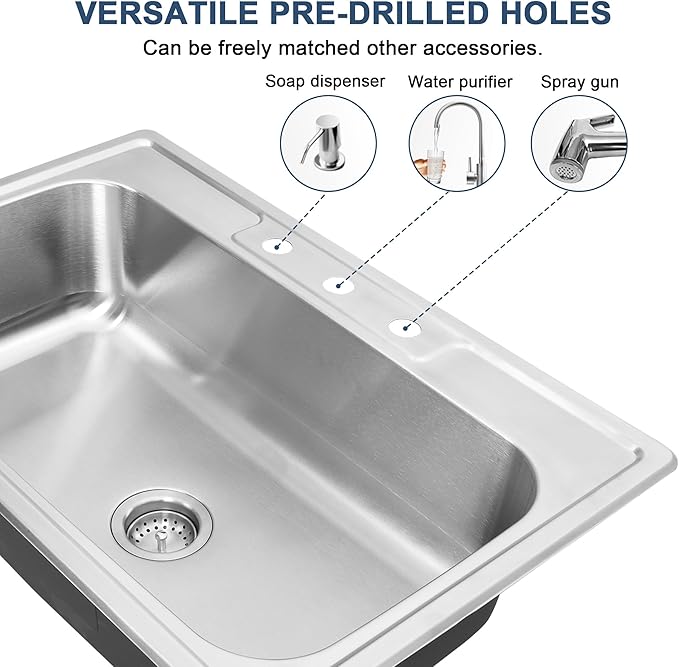 MILOSEN 33''x22'' Drop in Kitchen Sink, Topmount T304 Stainless Steel Sink with Three Holes, Single Bowl 9'' Deep Sinks with Strainer, Round Corner Large and Deep Sinks, Brushed Finish