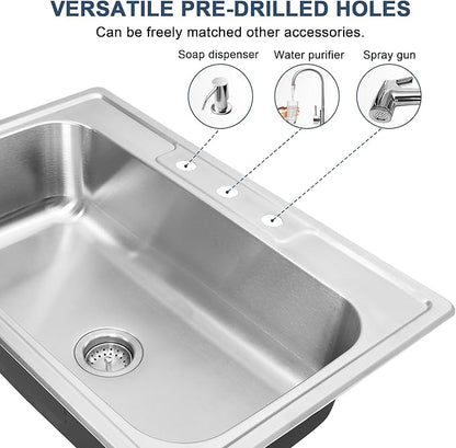 MILOSEN 33''x22'' Drop in Kitchen Sink, Topmount T304 Stainless Steel Sink with Three Holes, Single Bowl 9'' Deep Sinks with Strainer, Round Corner Large and Deep Sinks, Brushed Finish
