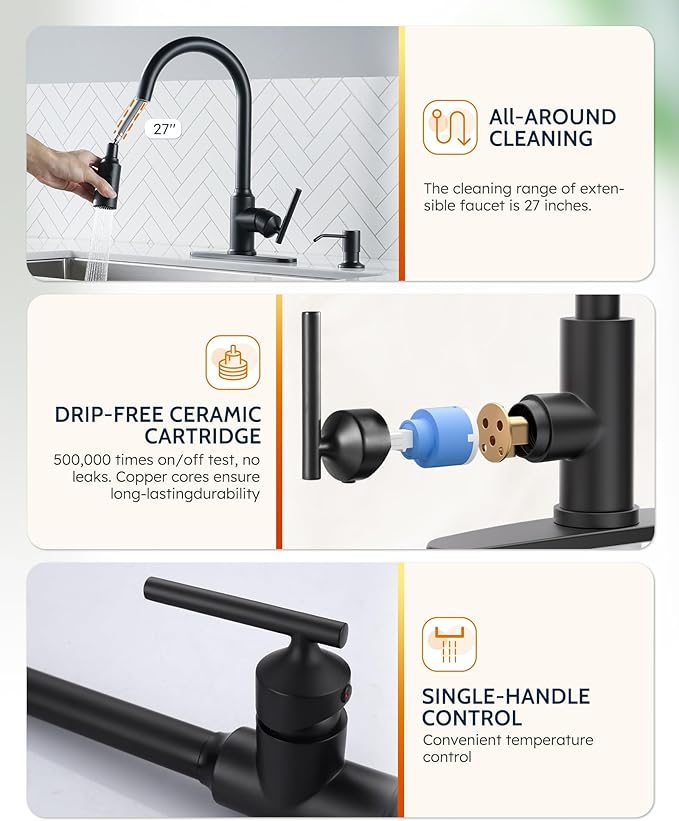 WOWOW Kitchen Faucet with Pull Down Sprayer, Matte Black Kitchen Faucet with Sprayer, Stainless Steel High Arc Single Handle Pull Down 3 Hole Black Bar Sink Faucet Kitchen for Rv Sink Faucets Kitchen