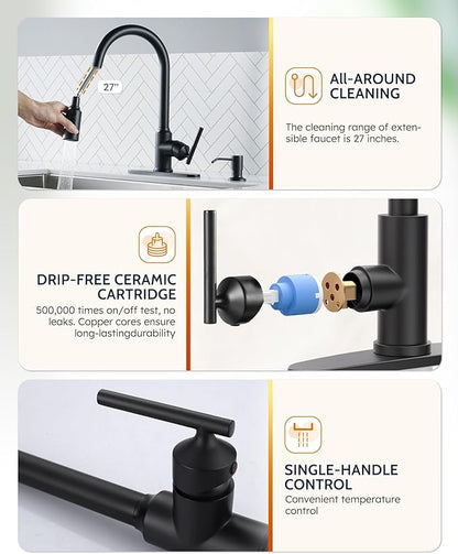 WOWOW Kitchen Faucet with Pull Down Sprayer, Matte Black Kitchen Faucet with Sprayer, Stainless Steel High Arc Single Handle Pull Down 3 Hole Black Bar Sink Faucet Kitchen for Rv Sink Faucets Kitchen