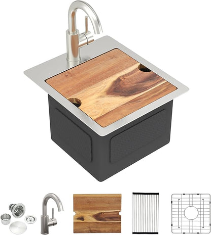 13"x15" Drop In Bar Prep Sink Workstation – 16 Gauge 304 Stainless Steel, Single Bowl Top Mount Overmount Wet Bar RV Outdoor Kitchen Sink with Faucet