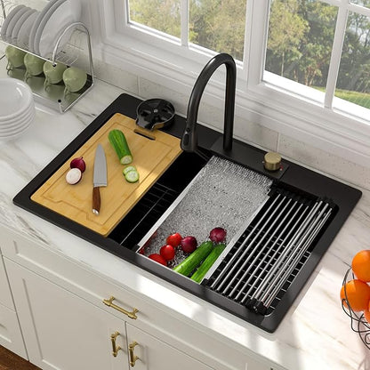 33x22 Drop In Waterfall Kitchen Sink Black 33 Inch Granite Composite Smart Kitchen Sink Multifunction Single Bowl Top Mount Black Multifunctional Waterfall Smart Sinks with Faucet Combo Glass Rinser