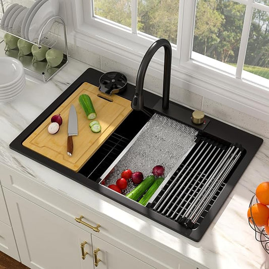 33x22 Drop In Waterfall Kitchen Sink Black 33 Inch Granite Composite Smart Kitchen Sink Multifunction Single Bowl Top Mount Black Multifunctional Waterfall Smart Sinks with Faucet Combo Glass Rinser