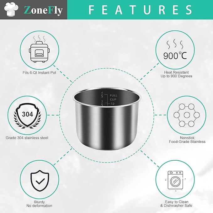 Inner Pot for Instant Pot 6 Qt, with 2-Pack 100% Silicone Sealing Ring Replacement Pot for InstaPot Cooking Pot Stainless Steel (Equivalent to IP-POT-SS304-60) Nonstick Pot 6Qt Liner