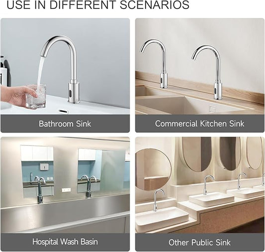 Automatic Touchless Bathroom Sink Faucet Motion Sensor Commercial Kitchen Hands Free Faucet with Hole Cover Plate,AC/DC Powered, Public Sink Faucet,Chrome (Chrome High)