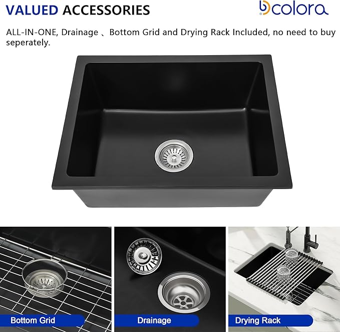 22 x 17 Undermount/Drop-in Kitchen Sink, Single Bowl Quartz Granite Composite Sink, Matte Black, Center Drain for Small Kitchen & Remodel, #DC-GU7747