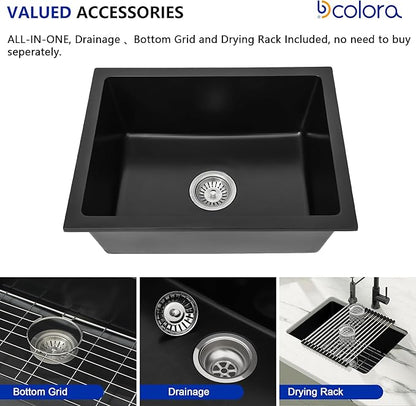 22 x 17 Undermount/Drop-in Kitchen Sink, Single Bowl Quartz Granite Composite Sink, Matte Black, Center Drain for Small Kitchen & Remodel, #DC-GU7747