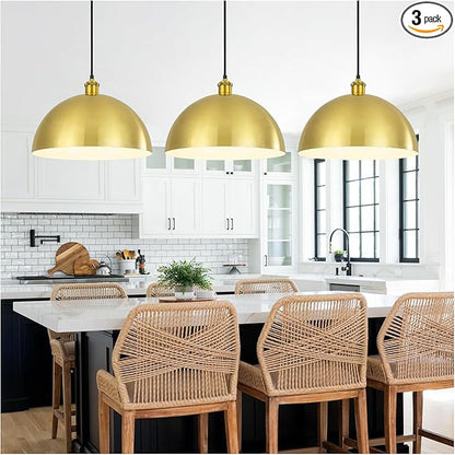 Gold Pendant Light, 12" Farmhouse Ceiling Light with Gold and White, Elegant Semi-Circular Shade Design, Adjustable Height Industrial Dome Pendant Lights for Kitchen Island, Dining Room