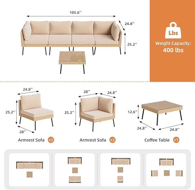 Aoxun 5-Piece Patio Furniture Set, Wicker Outdoor Furniture with Water Resistant Thick Cushions, Patio Conversation Set Outdoor Sectional Sofa with Coffee Table for Backyard Poolside, Beige