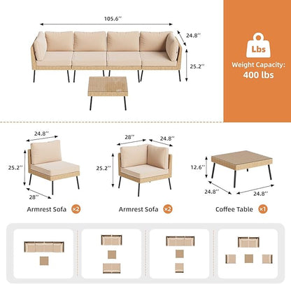 Aoxun 5-Piece Patio Furniture Set, Wicker Outdoor Furniture with Water Resistant Thick Cushions, Patio Conversation Set Outdoor Sectional Sofa with Coffee Table for Backyard Poolside, Beige