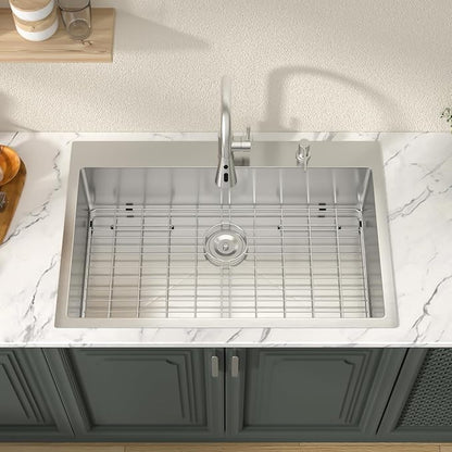 Lordear 33 Inch Drop in Kitchen Sink 33 x 22 Topmount Sink 16 Gauge Stainless Steel Single Bowl Deep Sink with Drain Strainer