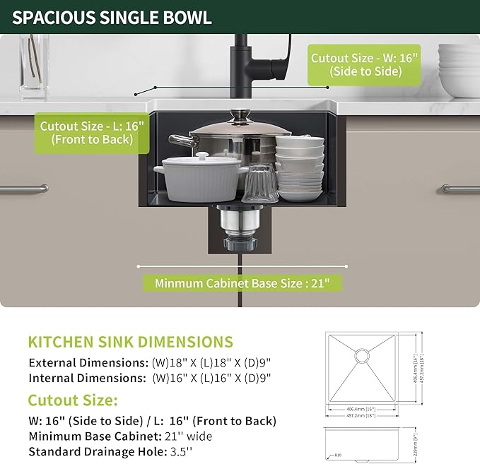 Black Kitchen Bar Sink Undermount, SINKVINE 18 Inch PVD Nano Stainless Steel Outdoor and Indoor Sink for Laundry RV, Deep Single Bowl with Drain Strainer, Bottom Rise Grid, Roll-up Drying Unit, 18x18