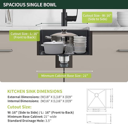 Black Kitchen Bar Sink Undermount, SINKVINE 18 Inch PVD Nano Stainless Steel Outdoor and Indoor Sink for Laundry RV, Deep Single Bowl with Drain Strainer, Bottom Rise Grid, Roll-up Drying Unit, 18x18