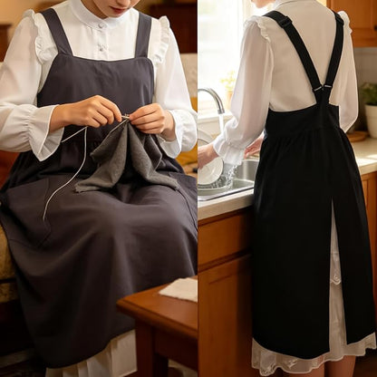 Uaussi Cotton Linen Apron Cross Back Work Apron for Women with Pockets Pinafore Dress X Cross Halter Apron for Chef Gardening