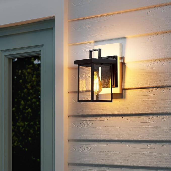 classy leaves Black Outdoor Wall Lights, Farmhouse Waterproof Square Exterior Lantern Wall Sconces with Seeded Glass Shade, Modern Anti-Rust Porch Light Fixtures for Patio, Yard, Garage, Front Door