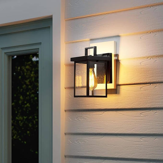 classy leaves Black Outdoor Wall Lights, Farmhouse Waterproof Square Exterior Lantern Wall Sconces with Seeded Glass Shade, Modern Anti-Rust Porch Light Fixtures for Patio, Yard, Garage, Front Door