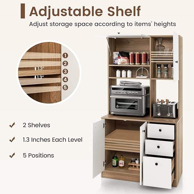 PETSITE Kitchen Buffet Hutch Storage Cabinet, 71" Freestanding Pantry with 3 Cabinets & Drawers, Adjustable Shelves, Microwave Cupboard for Living Room, Dining Room