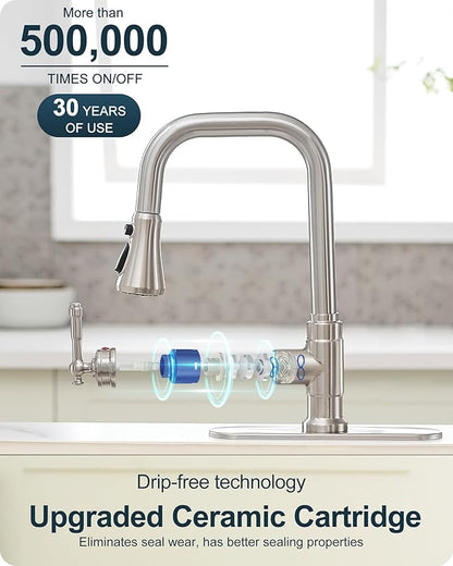 Brushed Nickel Kitchen Faucet with Sprayer, 3 Modes Pull Down Kitchen Sink Faucets, 304 Stainless Steel Suit 3 Hole or 1 Hole with Deck Plate & Pipes