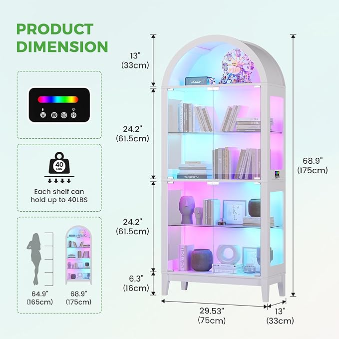 HNEBC Arched Book Shelf with Glass Doors, LED Bookcase with RGB Lights, 5 Tier Cabinet Has 9-Cube Storage, 69" Display Cabinet for Living Room,Bedroom(White)