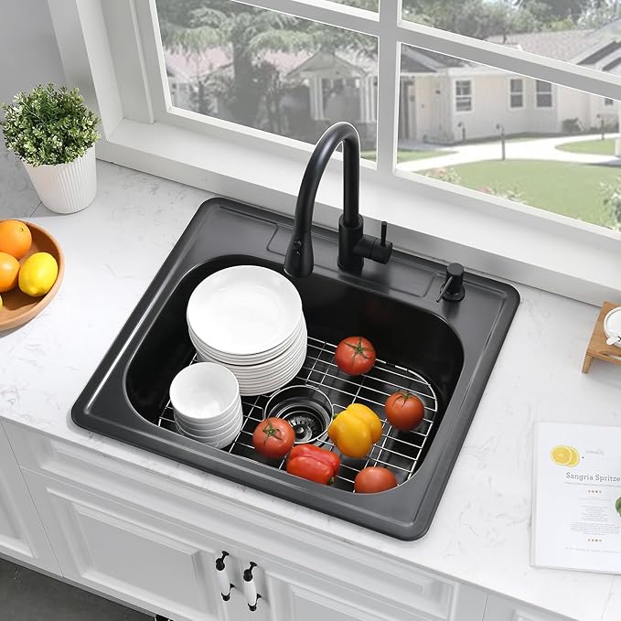 25 Inch Drop In Kitchen Sink Black-Bokaiya 25x22 Drop In Sink Black Stainless Steel 18 Gauge Single Bowl Outdoor Top Mount Kitchen Sinks with Dish Grid