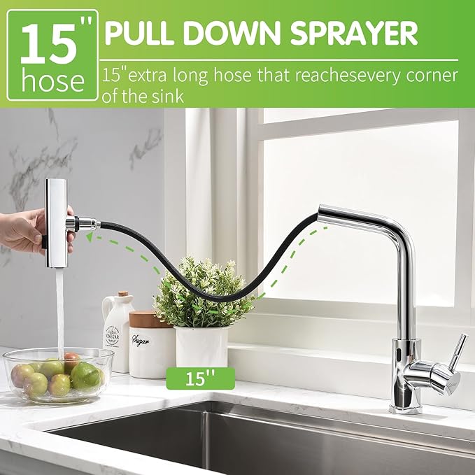 GIMILI Chrome Touchless Kitchen Faucet with Pull Down Sprayer, 15” Hight Single Hole Handle Kitchen Sink Faucets