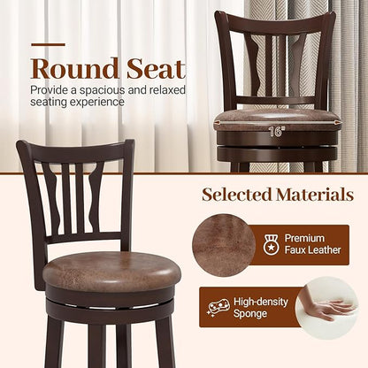 Giantex Swivel Bar Stools Set of 2, 26" Upholstered Counter Height Bar Chairs with Back, Faux Leather Seat, Solid Rubber Frame & Wrap-Around Footrest, Wooden Barstools for Kitchen Island, Pub