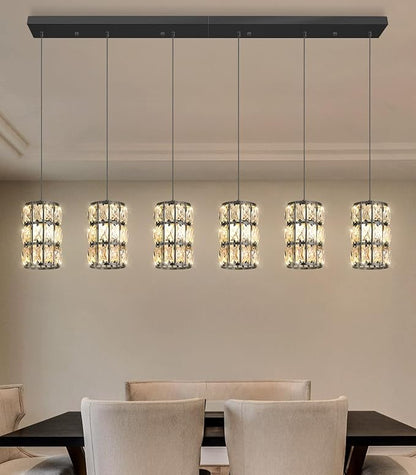 6-Lights Rectangle Modern Crystal Pendant Lights for Kitchen Island LED Dimmable Glam Pendant Lighting Chandelier for Dining Room Hallway Corner Lamp Black