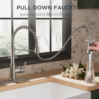 FORIOUS Vintage Kitchen Faucet Pull Down Sprayer Brushed Nickel Stainless Steel, High Arc Single Handle Antique Sink Faucet 1 or 3 Holes for Pot Filler, Farmhouse Camper RV Wet Bar