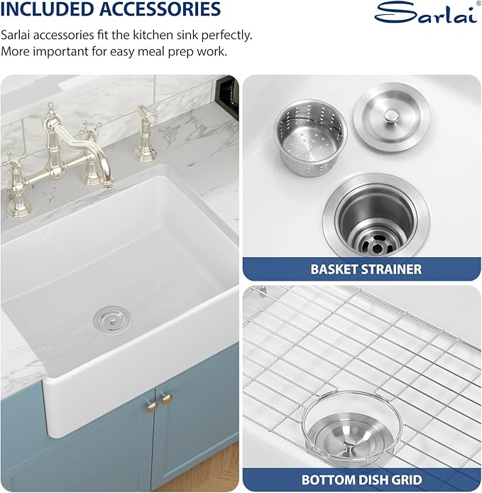 Sarlai 30 White Farmhouse Sink - 30 x 20 Inch Apron Front Kitchen Sink Farm Farmer Sinks White Ceramic Fireclay Single Bowl Basin