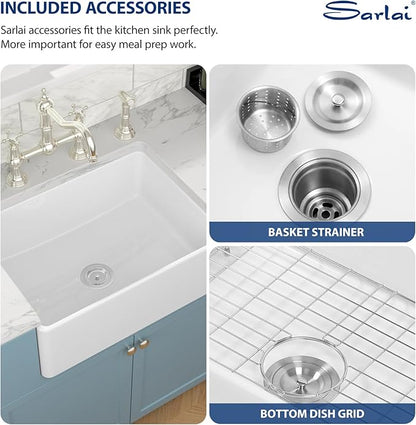 Sarlai 30 White Farmhouse Sink - 30 x 20 Inch Apron Front Kitchen Sink Farm Farmer Sinks White Ceramic Fireclay Single Bowl Basin