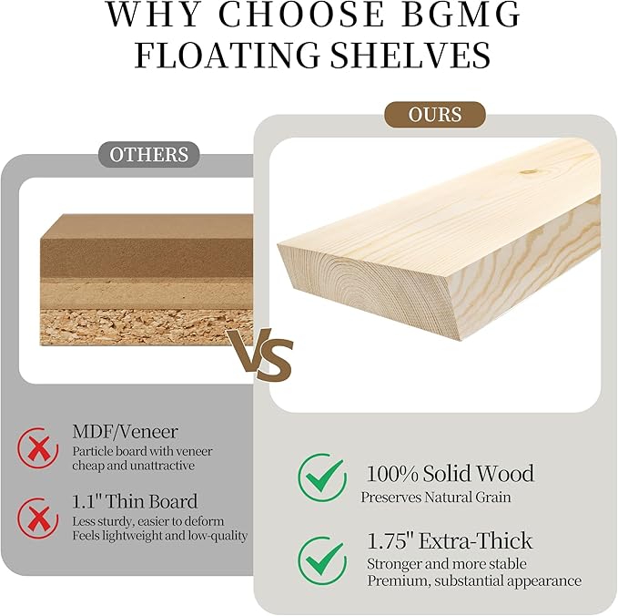 BGMG Wood Floating Shelves for Wall 54 inch Set of 2,White Floating Shelves,Solid Wood Wall Mount Shelves for Bathroom Living Room Bedroom Kitchen Farmhouse -54x 6.7 x1.75 inch