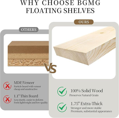 BGMG Wood Floating Shelves for Wall 60 inch Set of 2,Dark Walnut Floating Shelves,Solid Wood Wall Mount Shelves for Living Room Bedroom Kitchen Farmhouse-60x 6.7 x1.75 inch