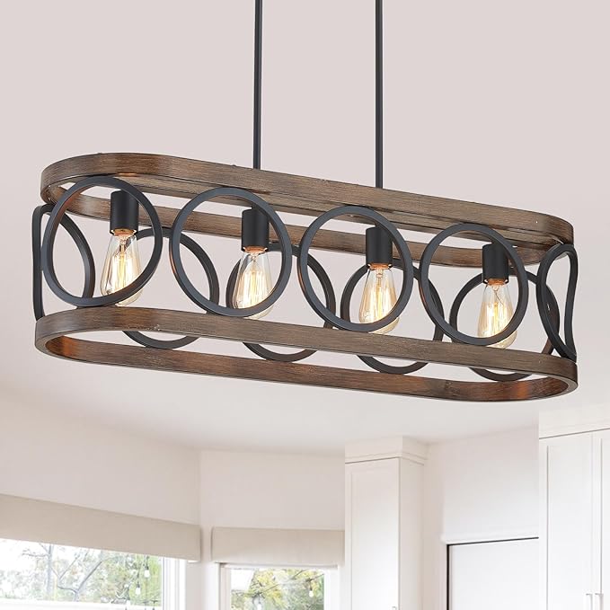 XINGQI 32.7" Kitchen Island Chandeliers Over Table Black Rectangular Linear Pendant Lighting Fixtures Farmhouse 4-Light Wood Grain Finish for Dining Room Living Room Bar Office Coffee Shop
