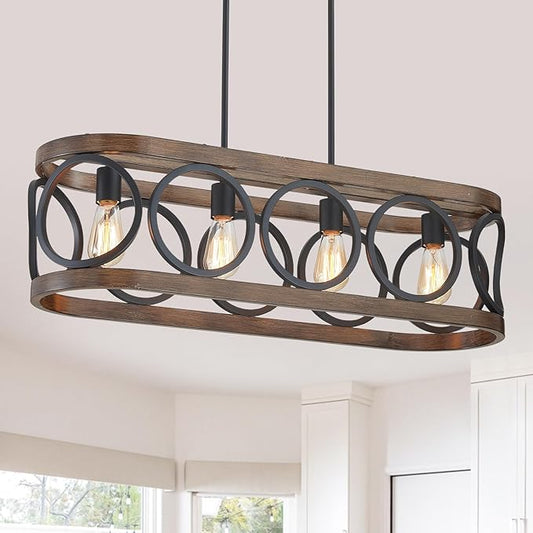 XINGQI 32.7" Kitchen Island Chandeliers Over Table Black Rectangular Linear Pendant Lighting Fixtures Farmhouse 4-Light Wood Grain Finish for Dining Room Living Room Bar Office Coffee Shop