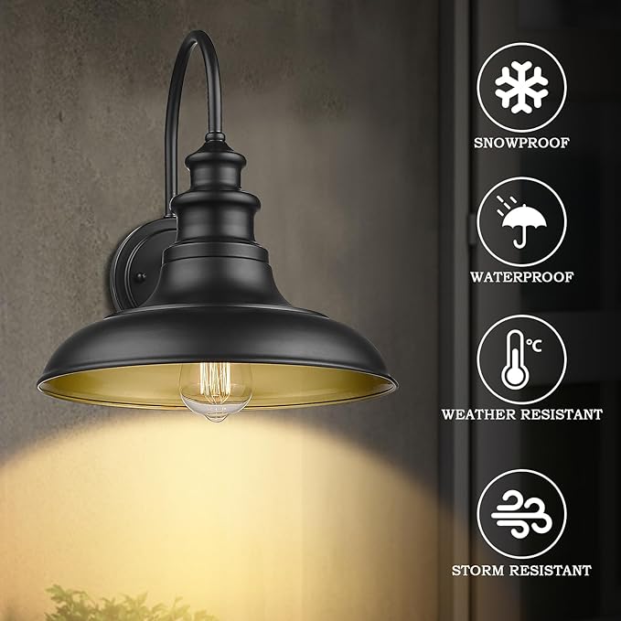 Outdoor Barn Light Fixture, 12.3 Inch Large Dome Farmhouse Wall Mount Light Wall Sconce Exterior Wall Lighting Fixture Industrial Black Finish Lantern with Gold Interior for Porch Garage Patio, 2 Pack
