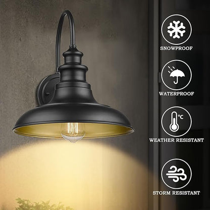 Outdoor Barn Light Fixture, 12.3 Inch Large Dome Farmhouse Wall Mount Light Wall Sconce Exterior Wall Lighting Fixture Industrial Black Finish Lantern with Gold Interior for Porch Garage Patio