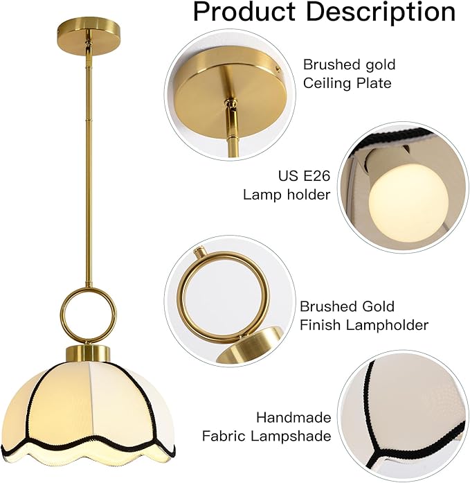 11.81” Modern Boho Pendant Light Vintage Farmhouse White Fabric Pendant Light Fixtures Adjustable Rod Hand Woven Pendant Lights for Kitchen Island, Dining Room, Bedroom, Hallway, Entryway