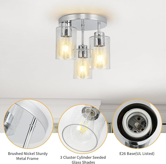 Semi Flush Mount Ceiling Light Fixture Chrome Flush Mount Ceiling Light with Seeded Glass Shades, 3-Light Modern Ceiling Light for Hallway Entryway Kitchen Island Bedroom