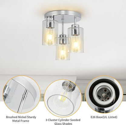 Semi Flush Mount Ceiling Light Fixture Chrome Flush Mount Ceiling Light with Seeded Glass Shades, 3-Light Modern Ceiling Light for Hallway Entryway Kitchen Island Bedroom