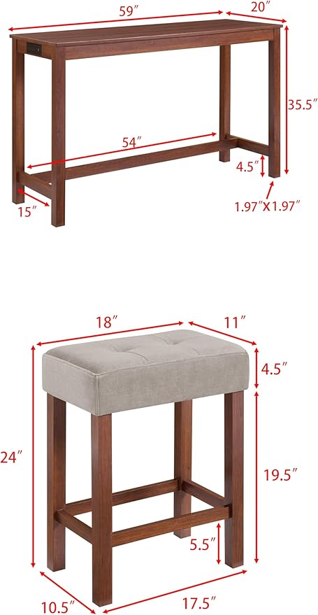 KEIKI 4-Piece Bar Table Set with Charging Station, 59" Industrial Kitchen Table with 3 Upholstered Stools, USB/Type-C/AC Outlets, Solid Wood Frame for Dining Room, Apartment, or Living Room, Cherry